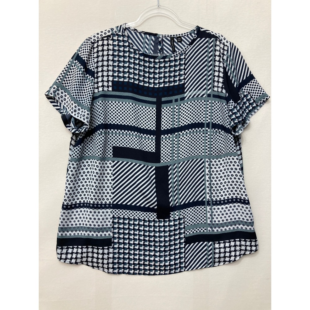 Design Collective Blouse 1X Navy Blue Geometric Patchwork Polka Dot Striped Top